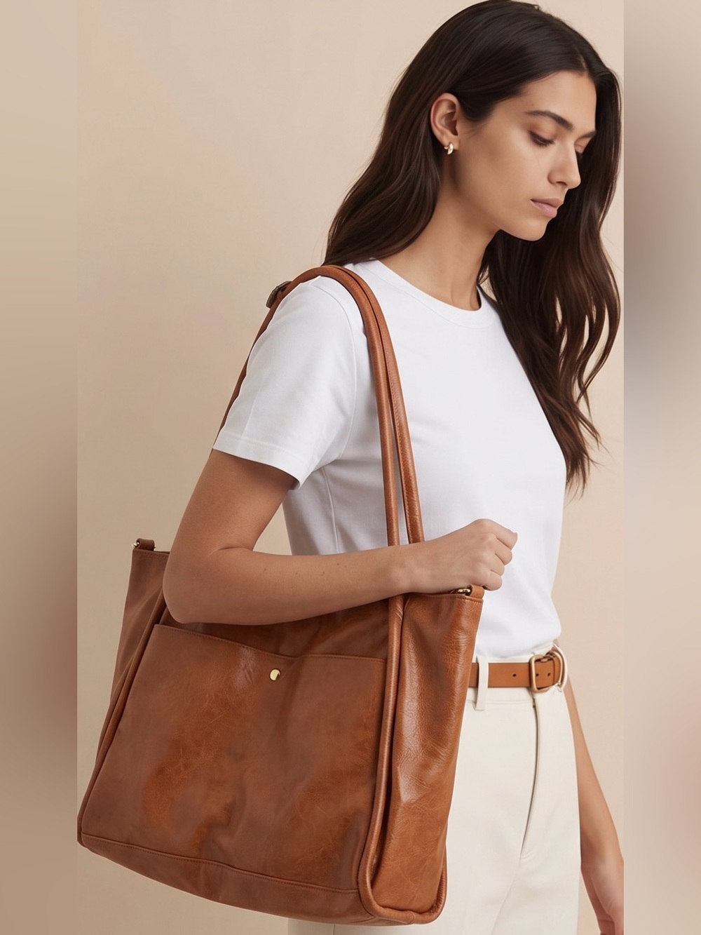 Classic Cognac Leather Tote with Front Pocket - Women